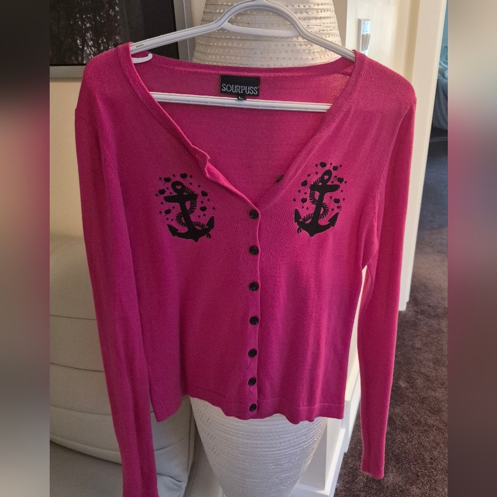 Sourpuss Pink Cardigan with Black Anchor Design